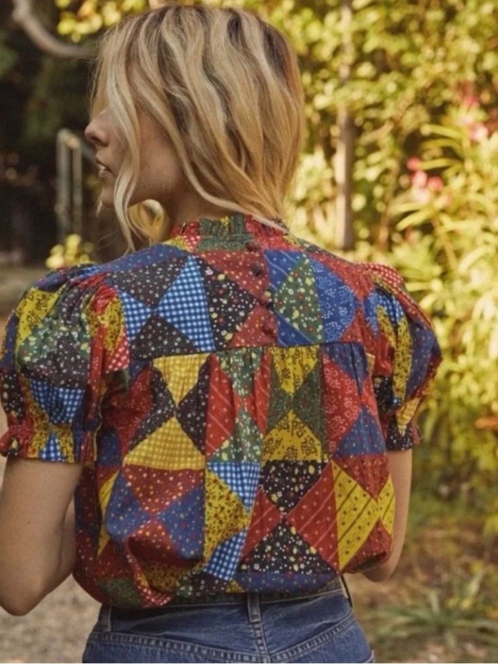 Doen Alida Top - Patchwork Print Puff-Sleeve Women's Top - Multicolor - Picture 2 of 2